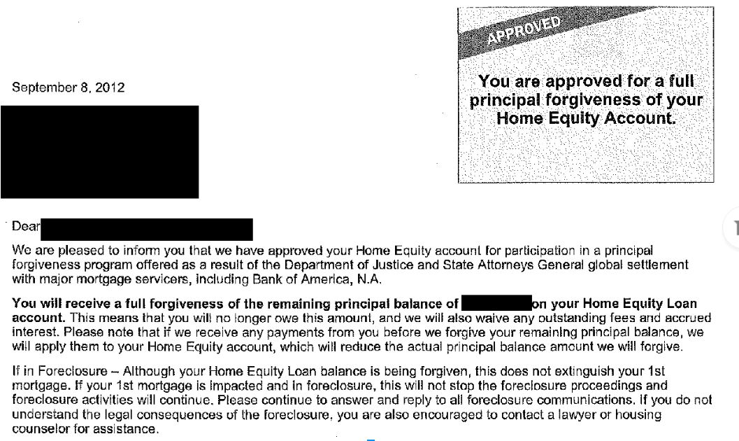 Bank Of America Letter to customer with name and date redacted. These letters encourage consumers to seek debt forgiveness, which can have negative repercussions for their credit and financial well being long term